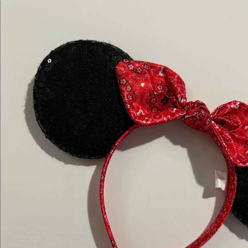 Disney Black Sequin Minnie Ears Headband with Red Bandana Bow